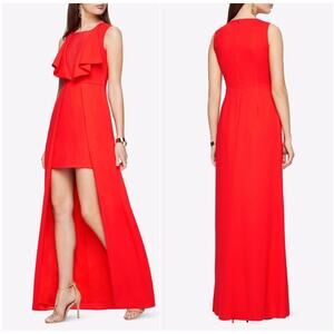 BCBGMAXAZRIA Tanika High-Low Gown in Bright Red Ruffle Neck | 4 Small